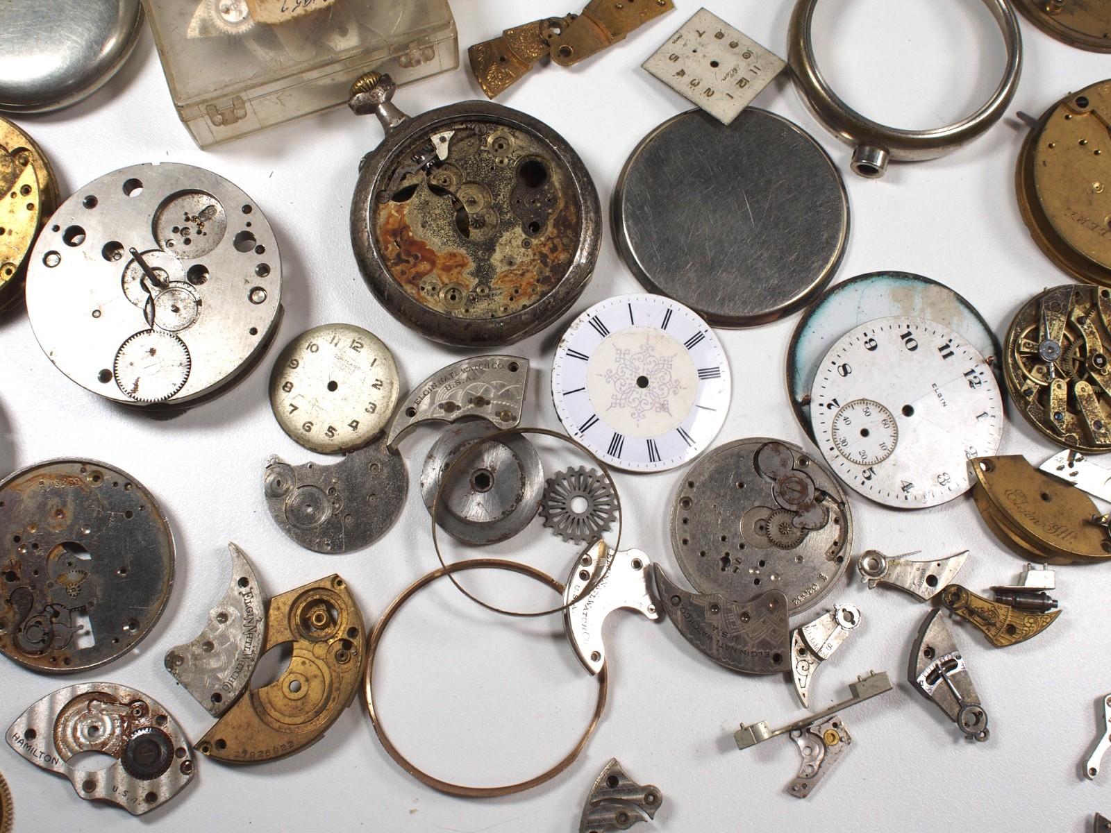 Large Lot of Old Pocket Watch Parts & Pieces Elgin Zonex Westclox Cortland Swiss