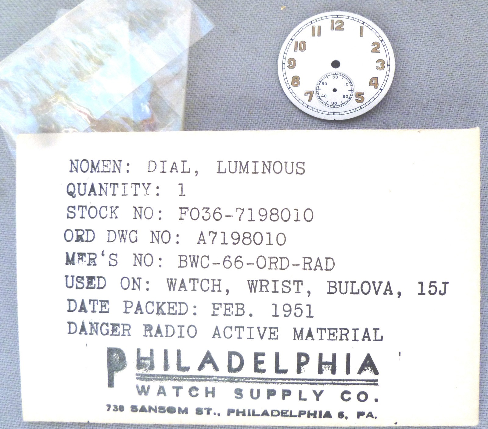 BULOVA Military DIAL New Old Stock Early 1950s For BULOVA Cal. 10 AK 10-1/2 L