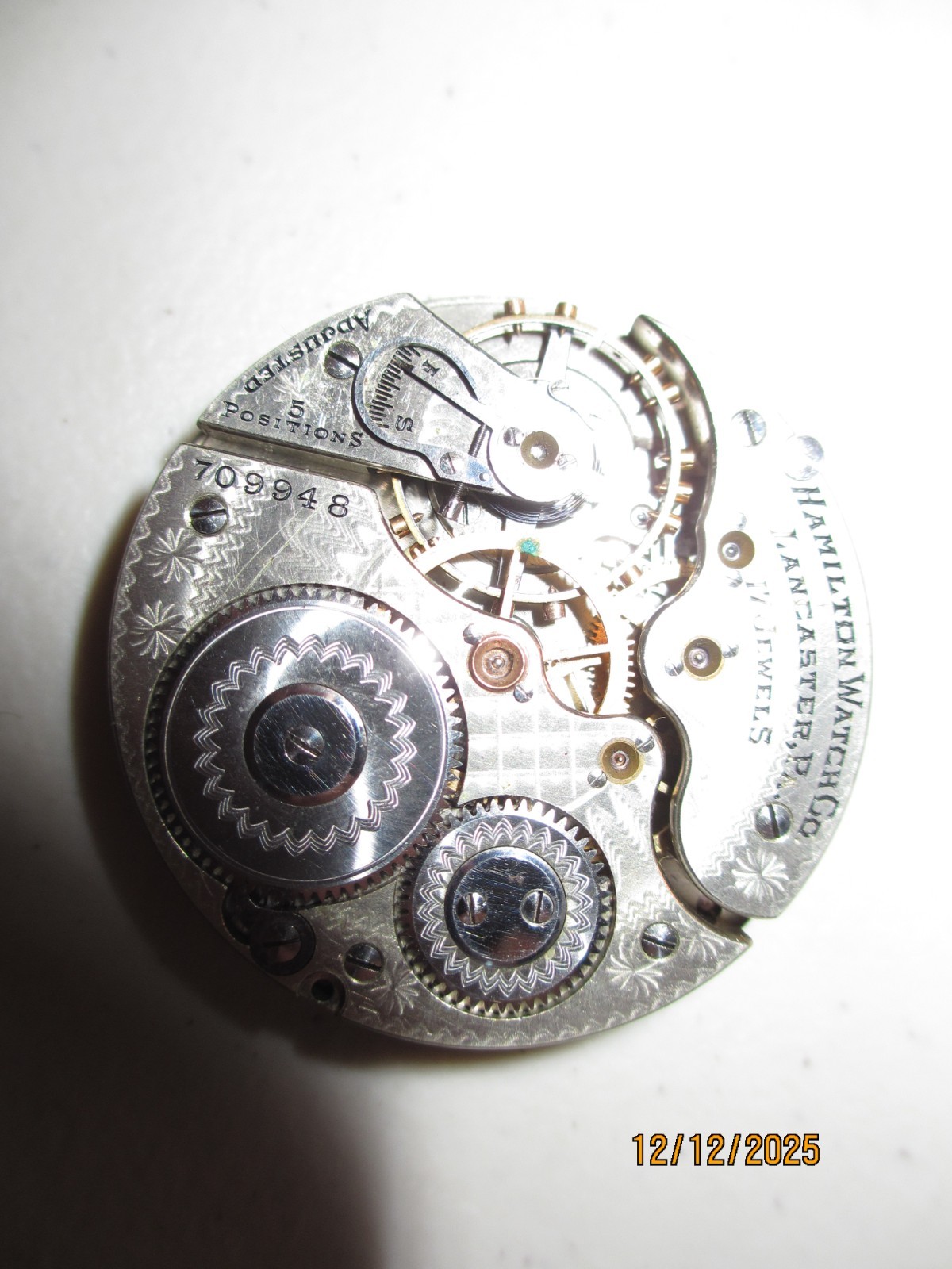 1908 HAMILTON MODEL 1 CLASS 4 GRADE 973 16S 17J POCKET WATCH MOVEMENT