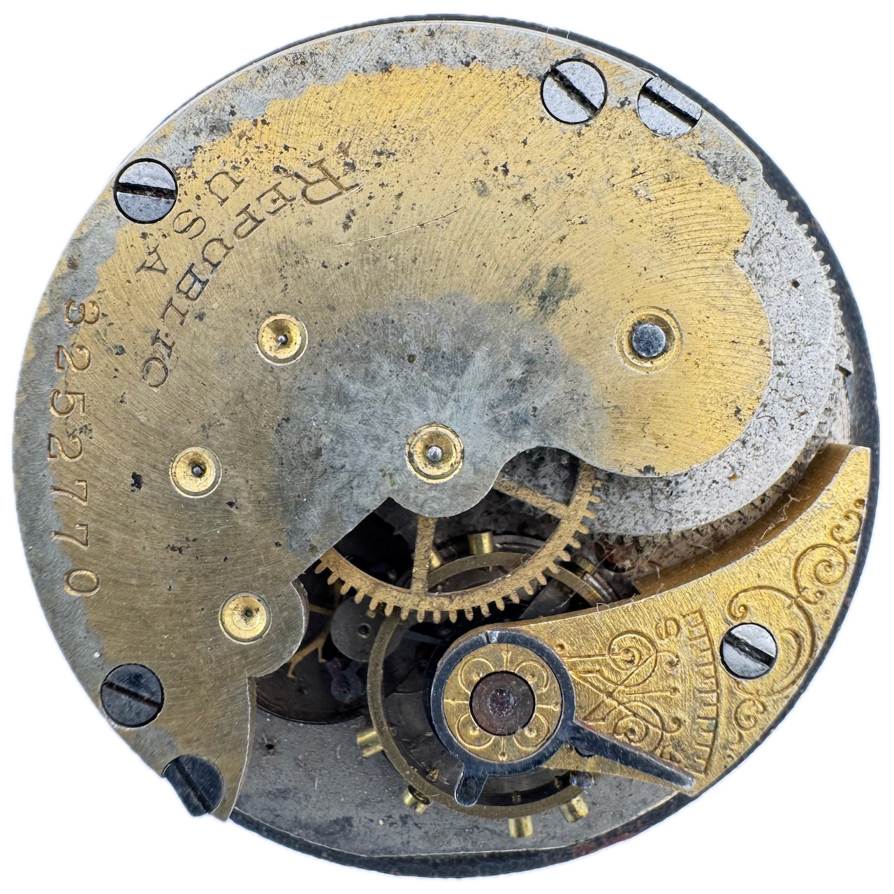 Antique 12s Republic Two Tone Mechanical Pocket Watch Movement N/A for Parts