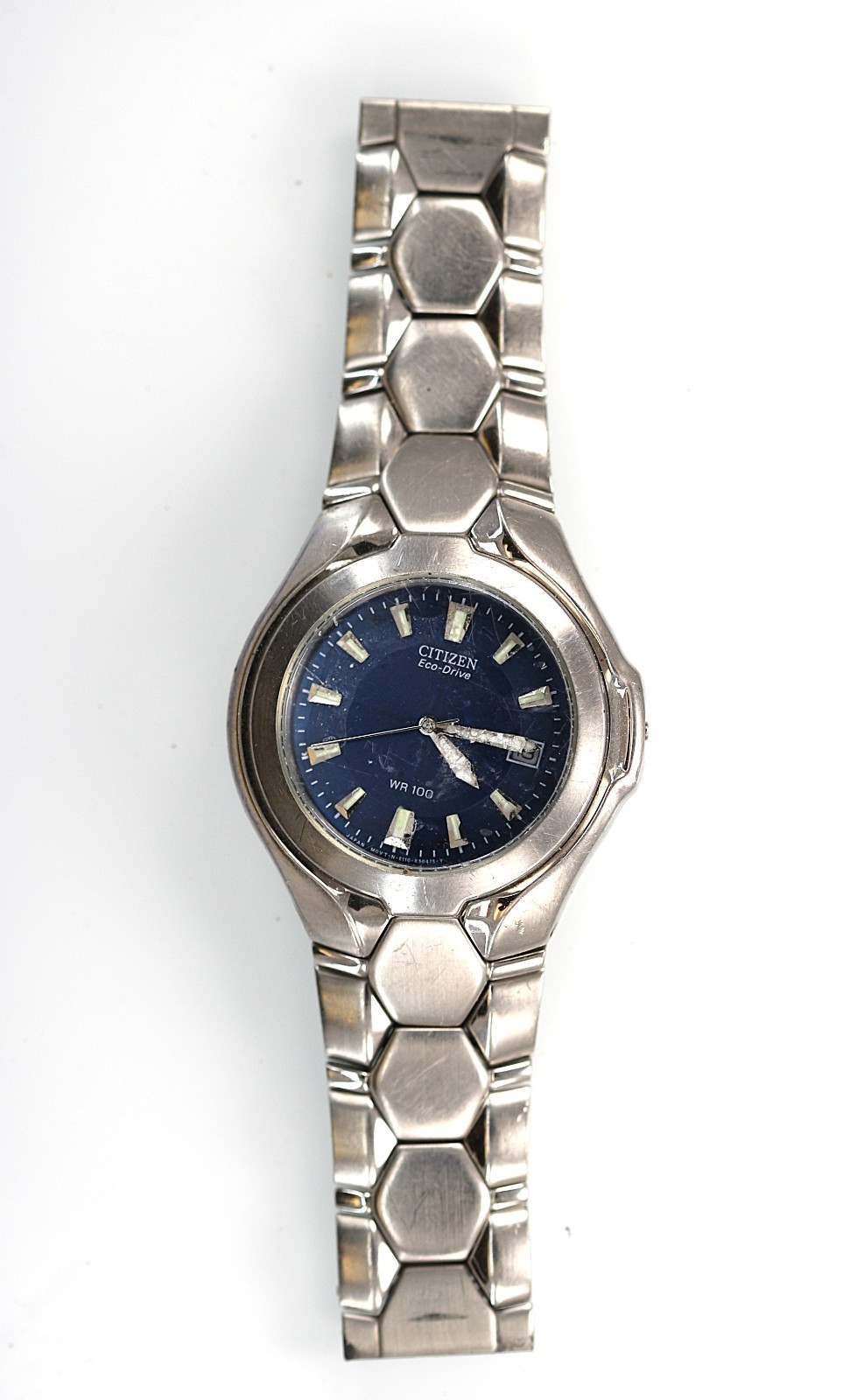 Citizen Eco Drive Watch Men Blue Solar Stainless St Silver WR Date NON-WORKING-c