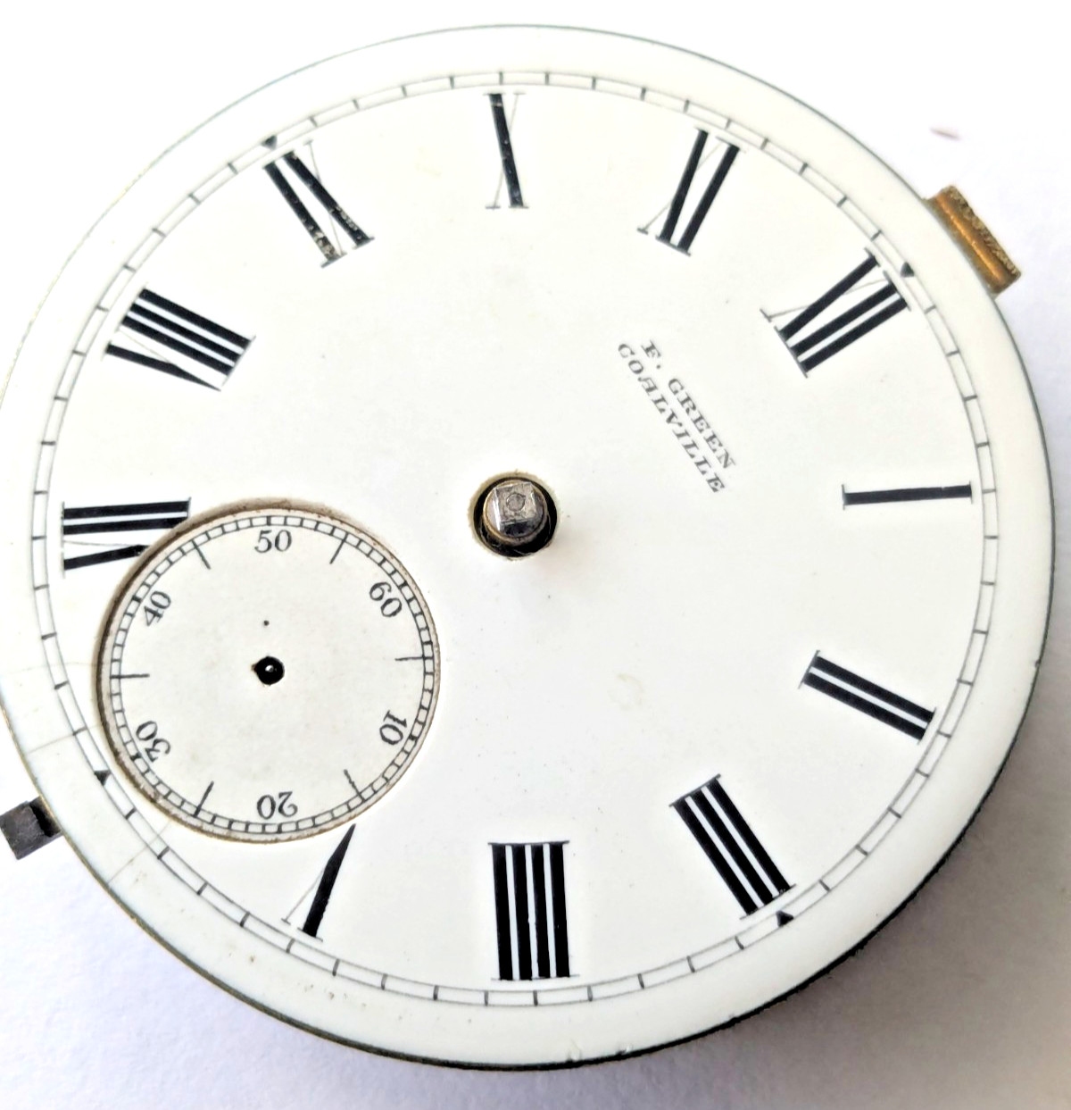 Antique F. Green Coalville English Pocket Watch Movement RUNNING Dial 44.6mm 11