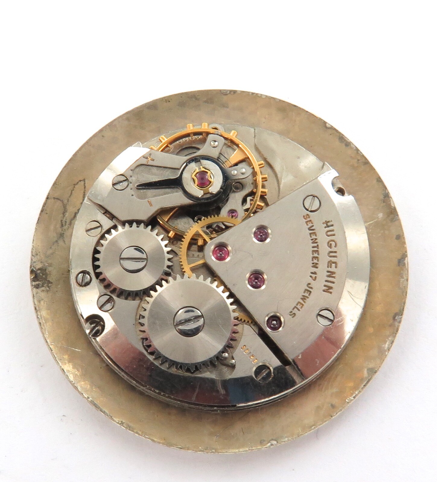 .VINTAGE HUGUENIN 17J CAL. 2390 MENS WATCH MOVEMENT & DIAL.