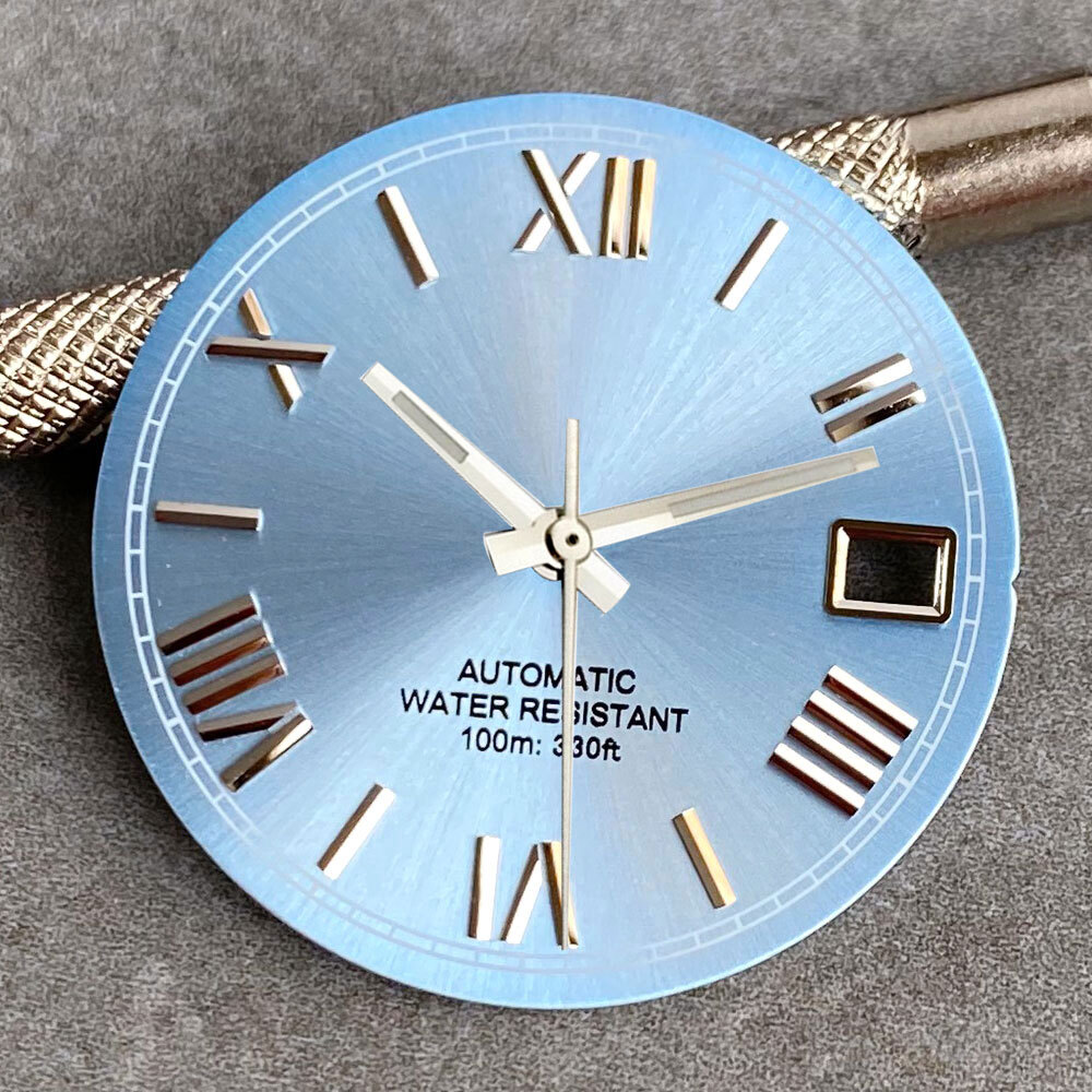 Silver Black Green 29mm Sunburst Watch Dial Gold Roman Numeral fit NH35 NH36