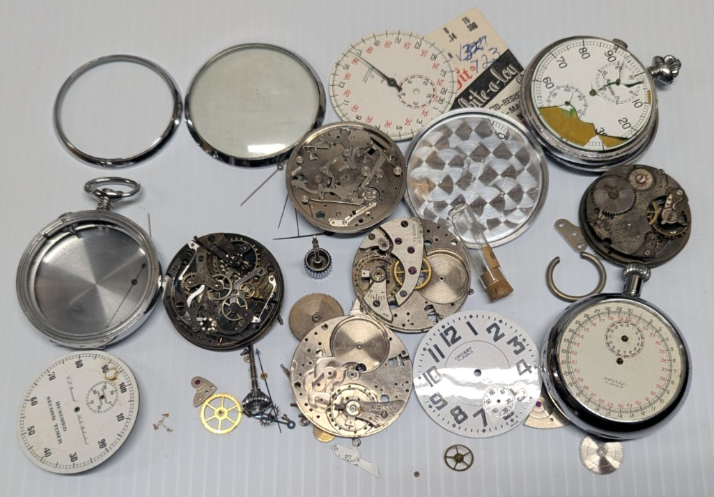 Pocket Stop Watch Parts Faces Wheels Cases Small Parts Miscellaneous Lot As Is