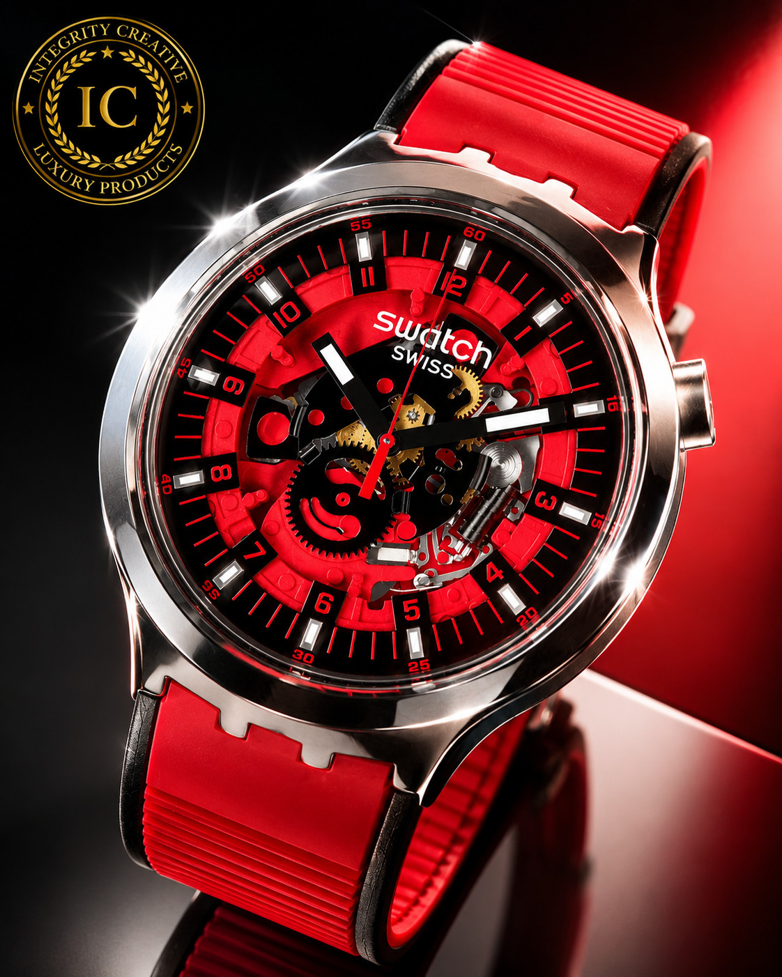 Swatch Unisex Oversized Watch Big Bold Irony Lacquered Casual Red Dial 47MM