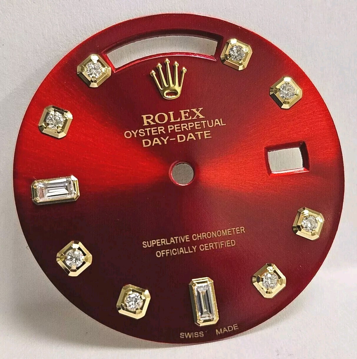 Rolex DAY-DATE 36 Custom Red 8 round 2 baguette Diamond dial for ref. 1803 18038