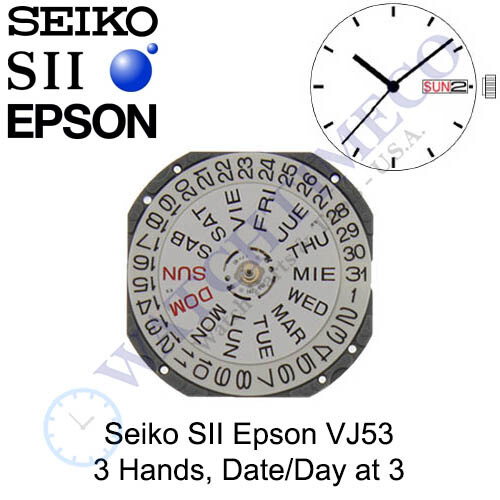 Genuine Seiko SII Epson VJ53 Watch Movement Japan 3 Hands, Date/Day at 3
