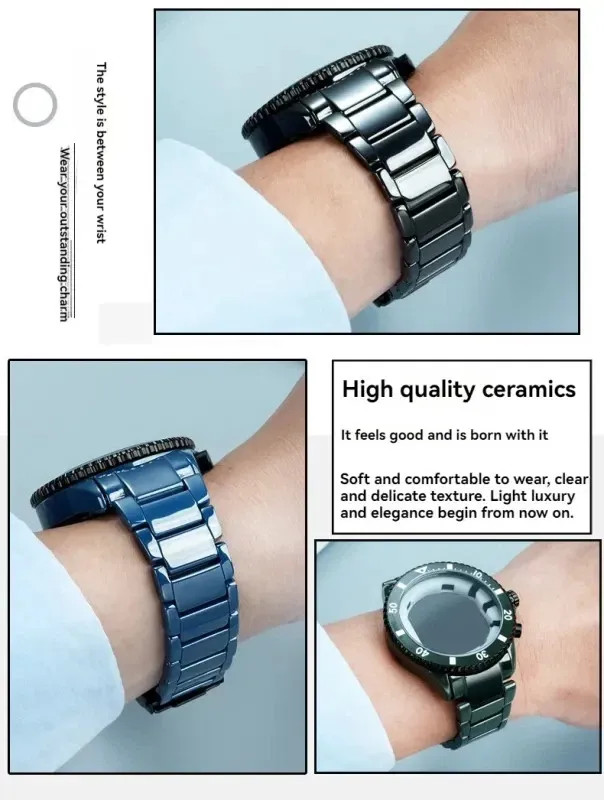 Black Ceramic Watch Strap for Armani AR70011 AR70009 Three Eye Blue Shell Buckle