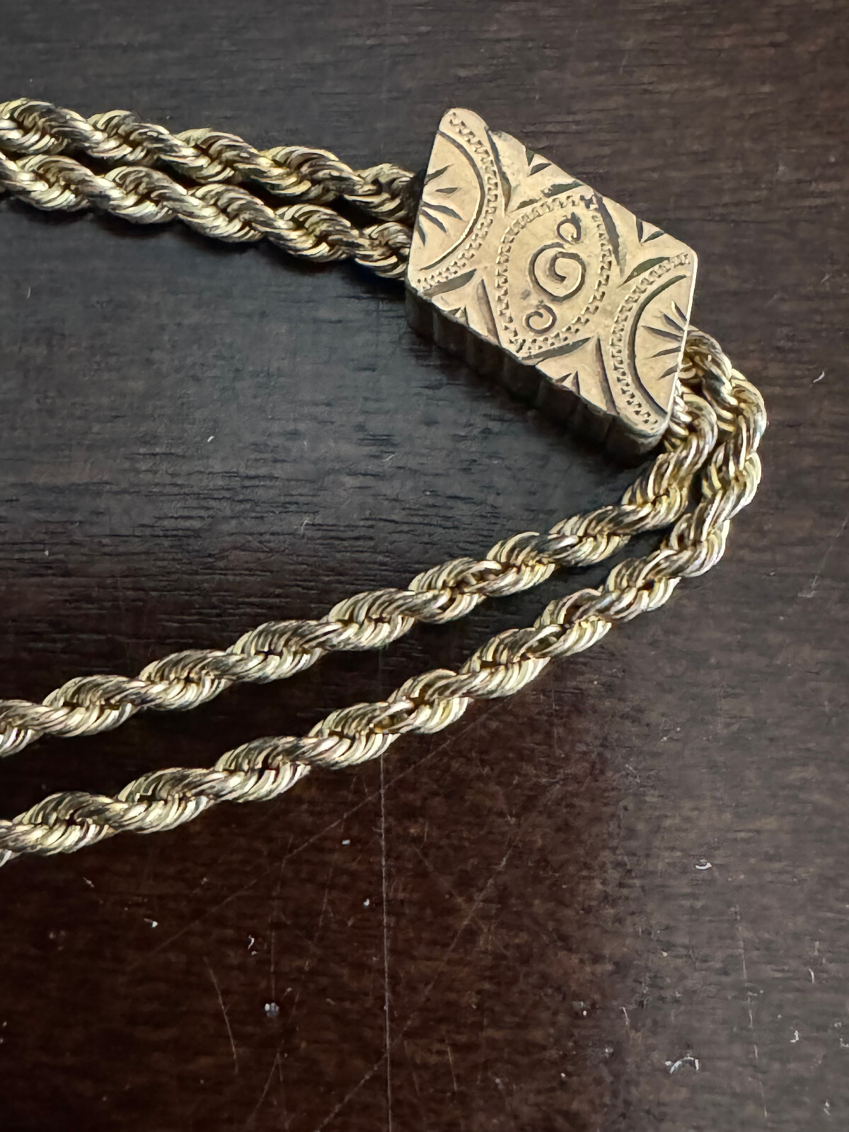 VINTAGE 11 INCH R.S.OO POCKET WATCH CHAIN WITH T-BAR, FINIALS AND LOCKET G.F.