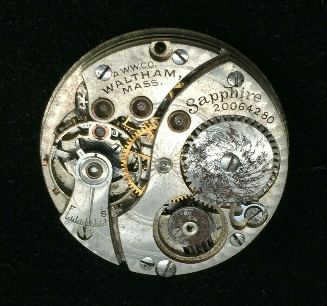 AWWCO Waltham Mass Sapphire Serial 20064280 Round Arabic Numeral Dial Movt 25mm