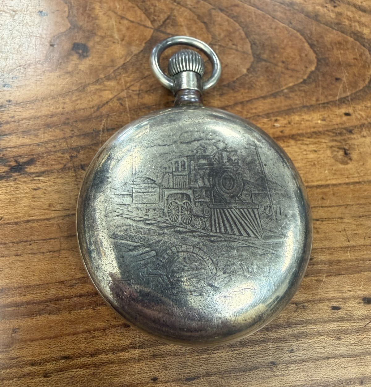 Antique 18s Elgin 73 7 jewel Pocket Watch For Parts Steam Locomotive Motif