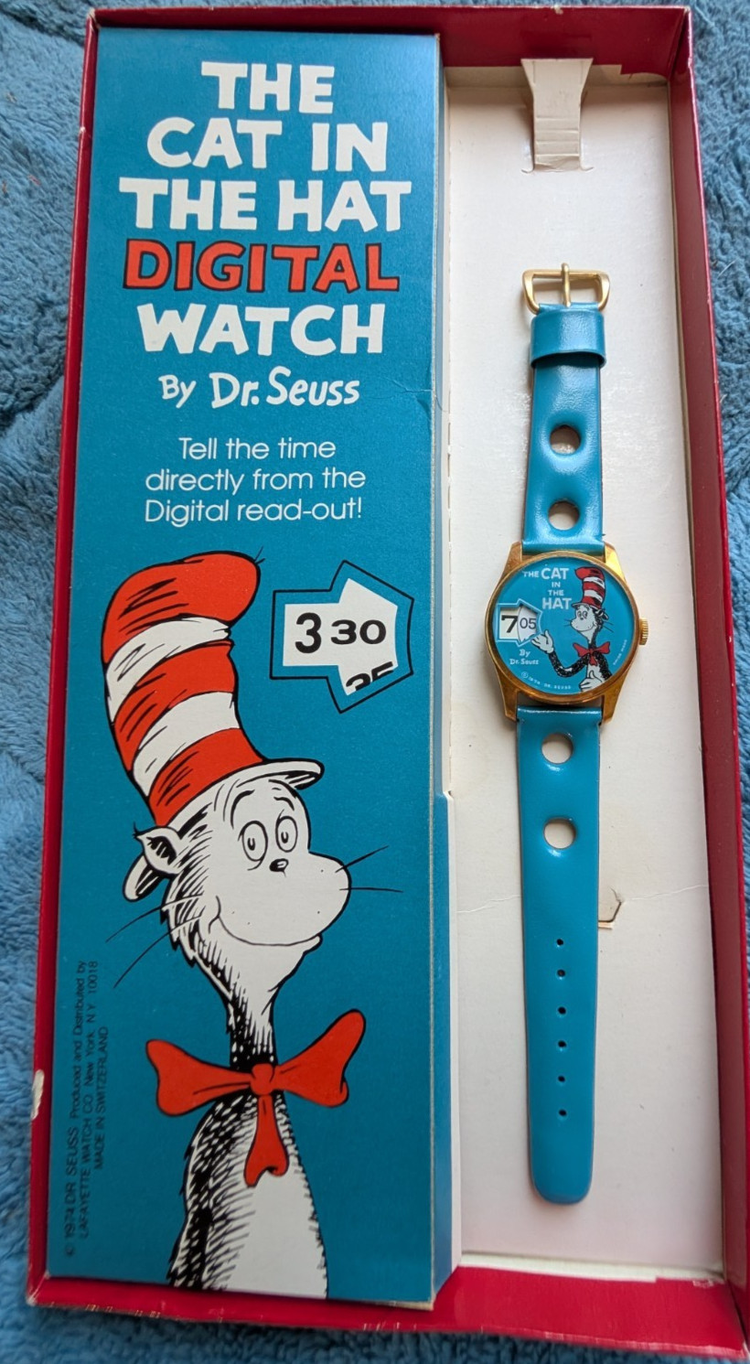 NIB Dr Seuss Cat-in-the-Hat digital character Watch 1974 Swiss #602 collectible
