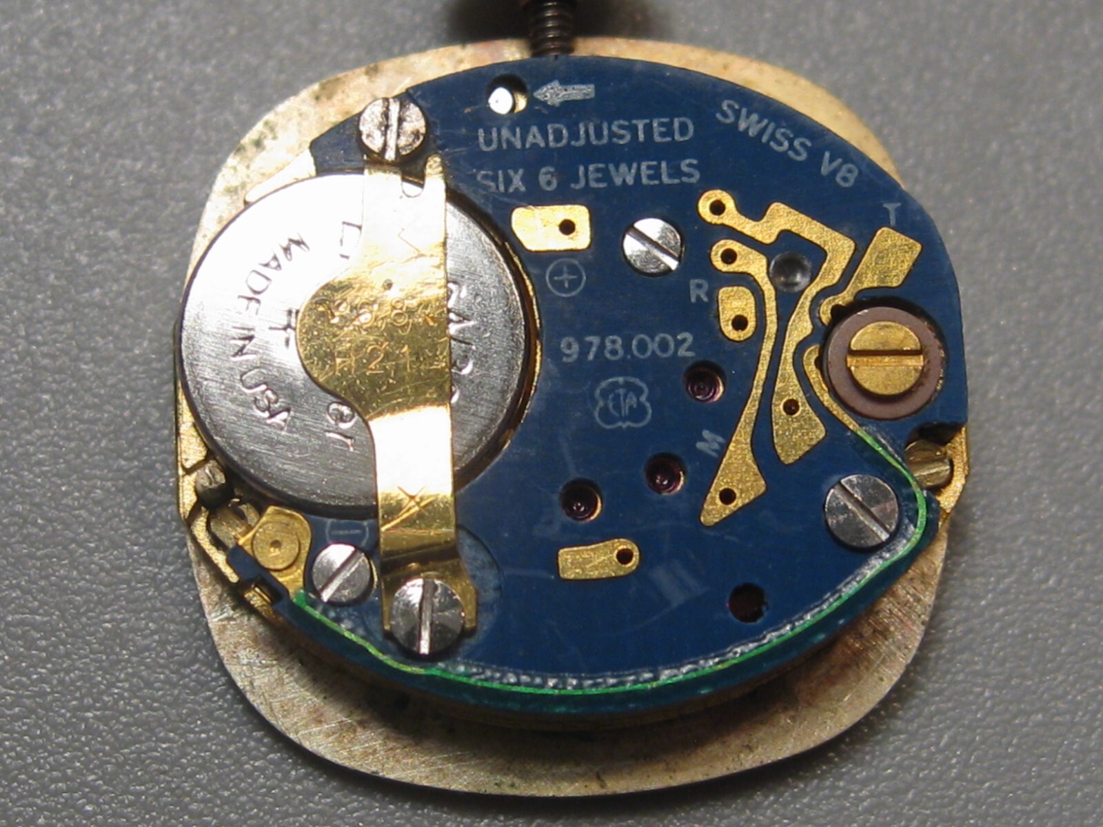 OMEGA Watch Movement. 6 Jewel, Quartz, Swiss Dial, Hands, Crown. Un-tested.