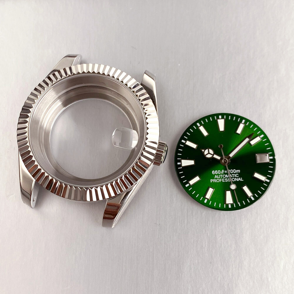 36mm Polished Diving Watch Case Sunburst Green Watch Dial Face fit NH35A NH36A