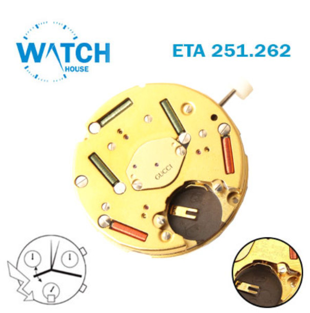 ETA 251.262 Gucci-Swiss Chronograph Movement-3 Counter-White Date at 6-H:6.59mm.