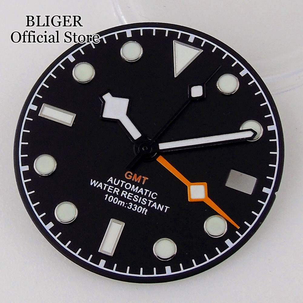 Luminous Black White Blue NH34A 29mm Watch Dial Face Date Window fit NH34 GMT