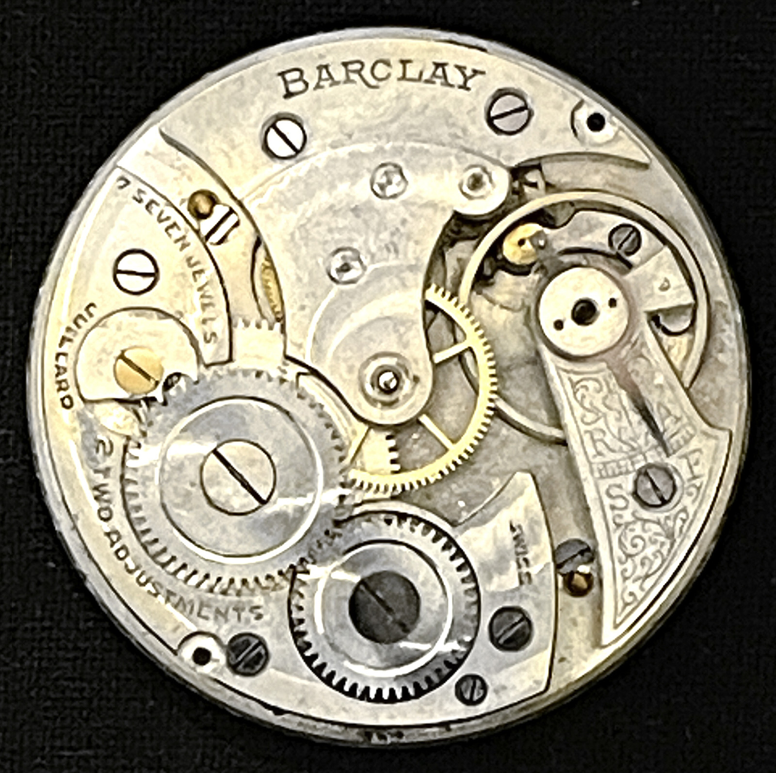 TWO JUILLARD/BARCLAY 7JEWEL ADJ’d. POCKET WATCH MOVEMENTS/DIALS/HANDS FOR PARTS