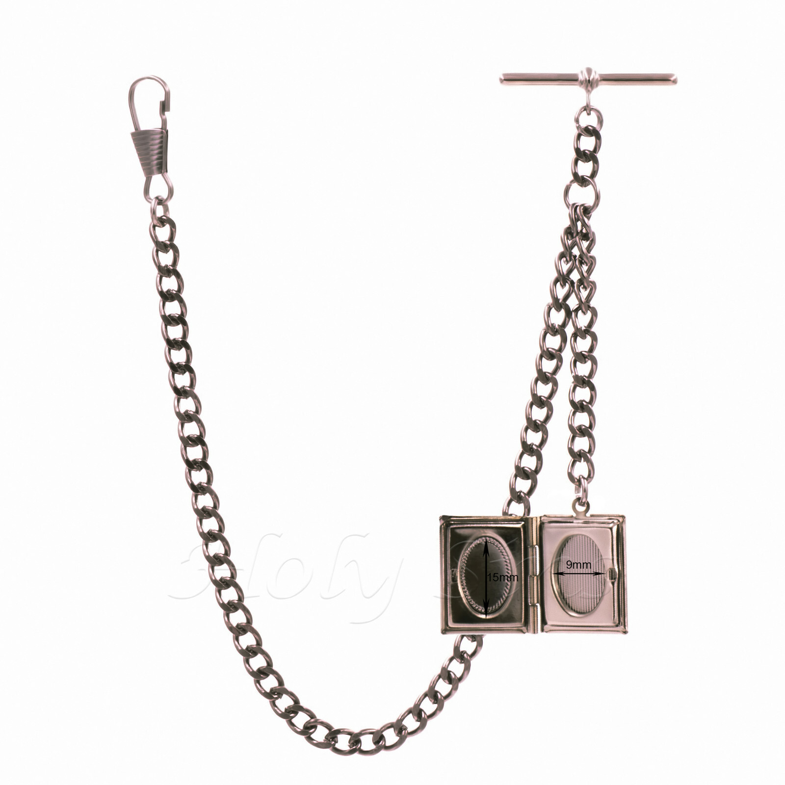 Black Gunmetal Colour Single Albert Pocket Watch Chain With Rectangular Locket