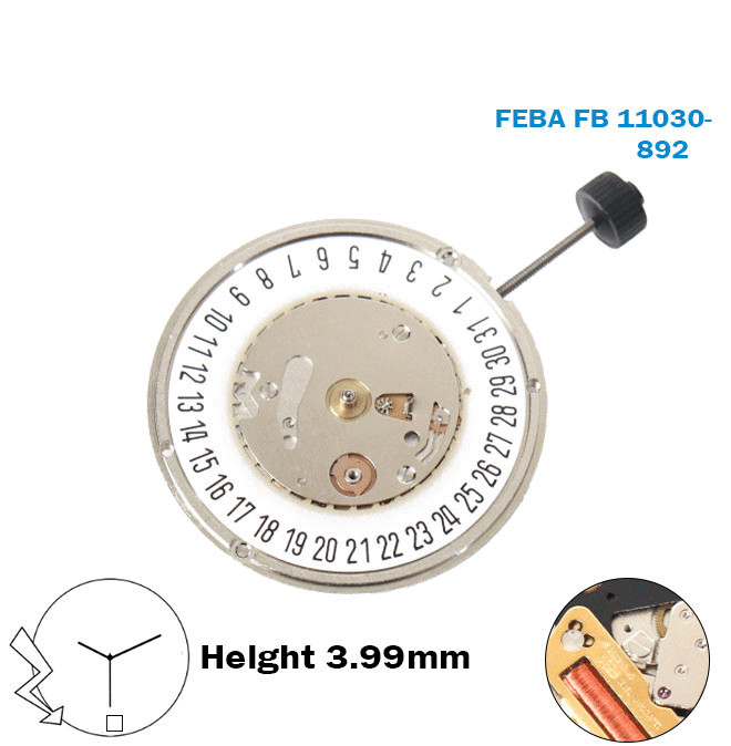 FEBA Fe 11030-892 Swiss Movement-White Date Disk at 6- 3 Hands-Height:3.99mm.