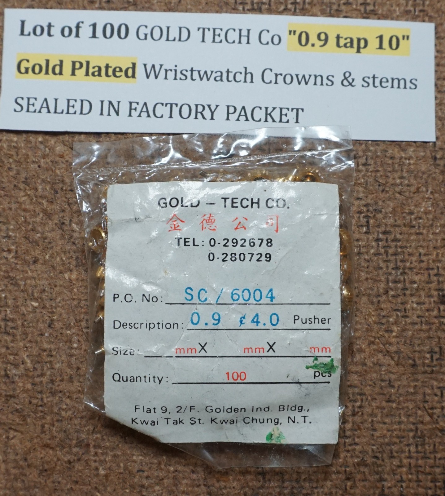 lot of 100 GOLD TECH Co “0.9 tap 10” Gold Plated wrist Watch Crowns & stems NOS