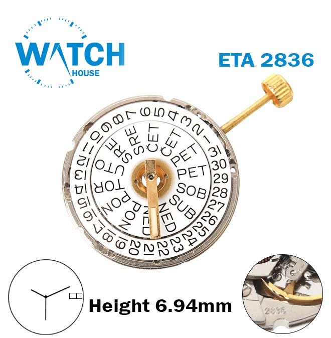 ETA 2836-Swiss Movement-White Day&Date Disk At 3-H:6.94mm-3Hands-Automatic-Czech