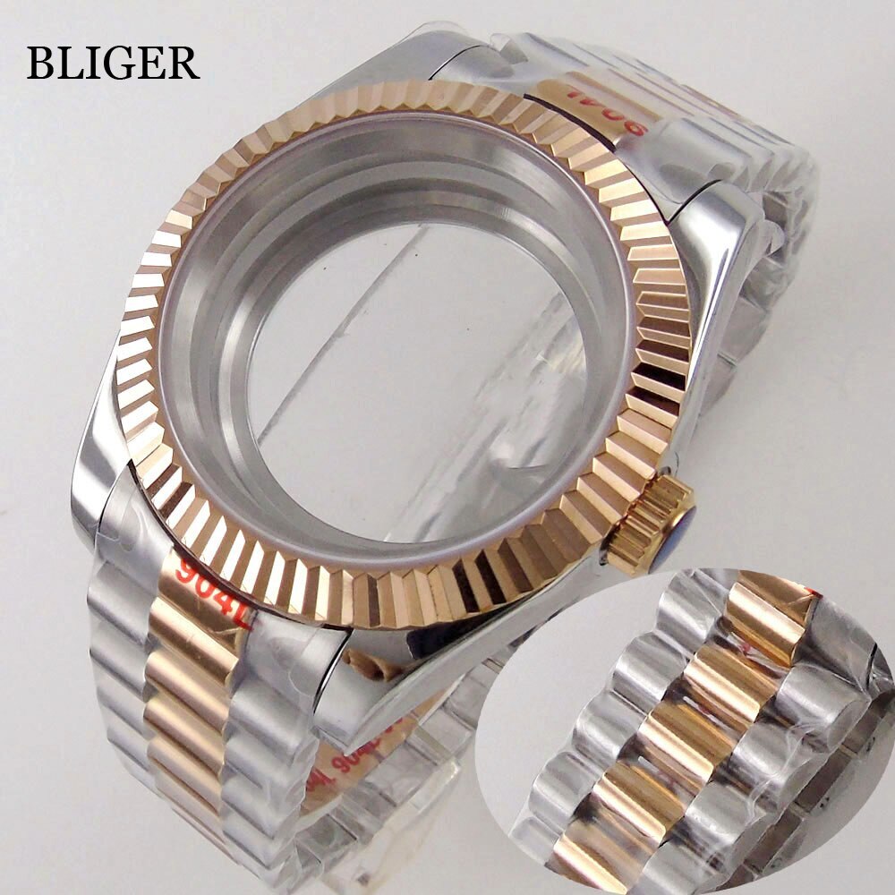 36MM/39MM Rose Gold Watch Case Fluted Bezel fit NH35 PT5000 President Bracelet