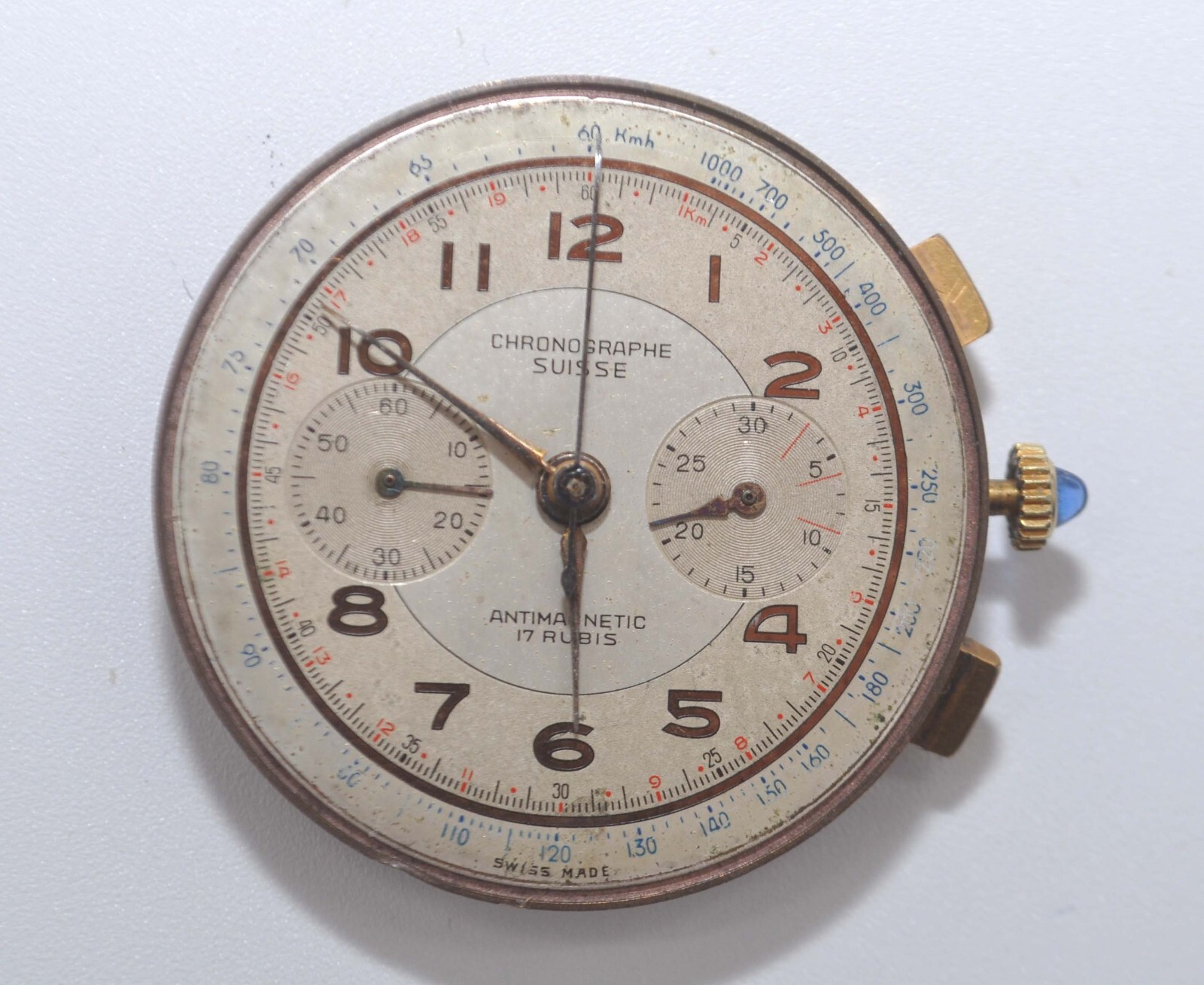 Suisse 17 Rubis Swiss Chronograph Watch Movement Complete Dial & Crown for Parts
