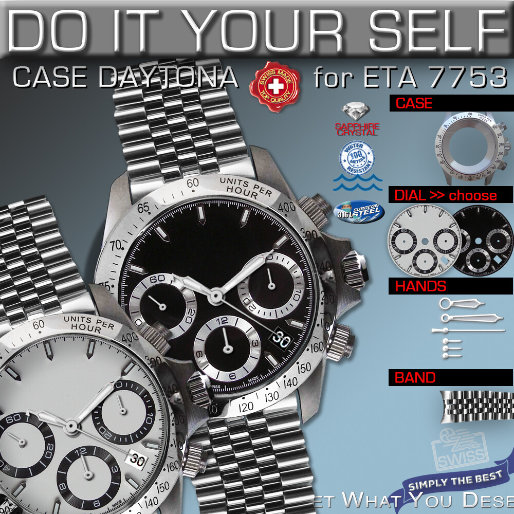 DO IT YOURSELF KIT: 7753 ETA-VALJOUX, DAYTONA, 316L, STAINLESS STEEL CASE & BAND