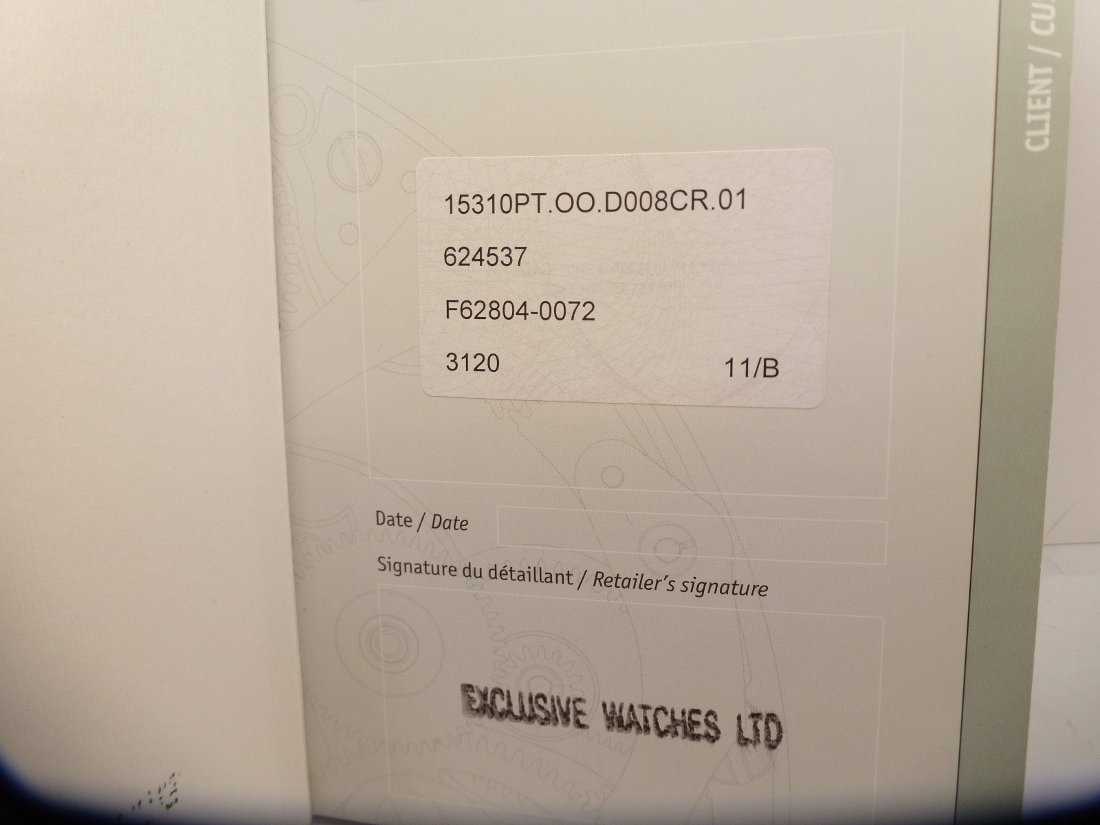 AUDEMARS PIGUET Certificat De Granite Warranty And Authentication 15310PT 3120
