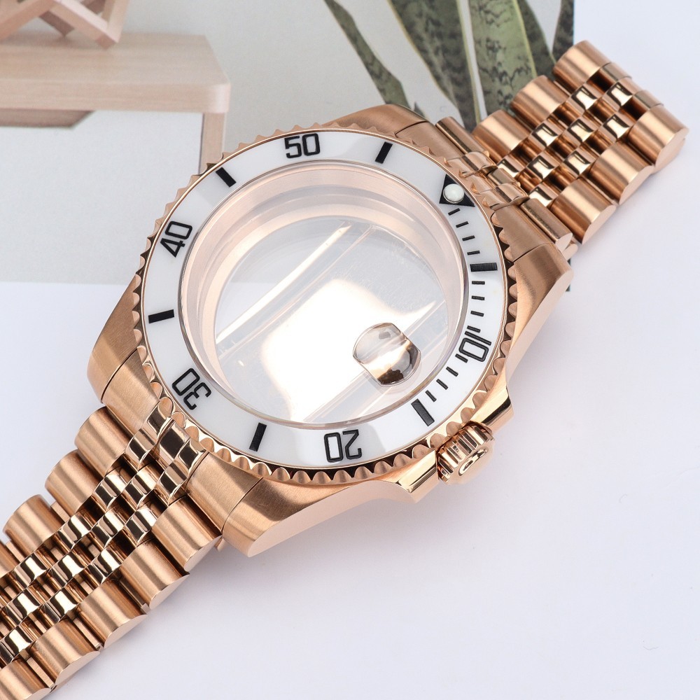 Oyster 40mm Watch Cases Bracelet Rose Gold Luminous Bezel For SII NH35 Movement