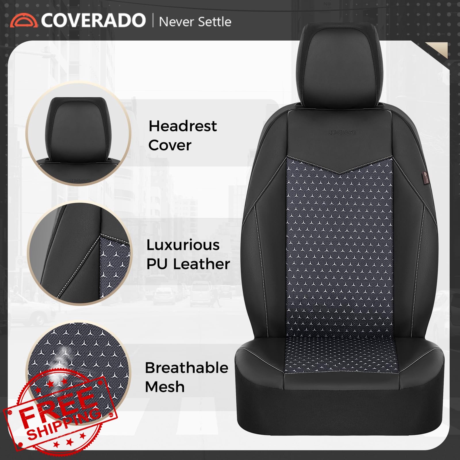 Coverado Black Front Seat Cover Mesh Leather