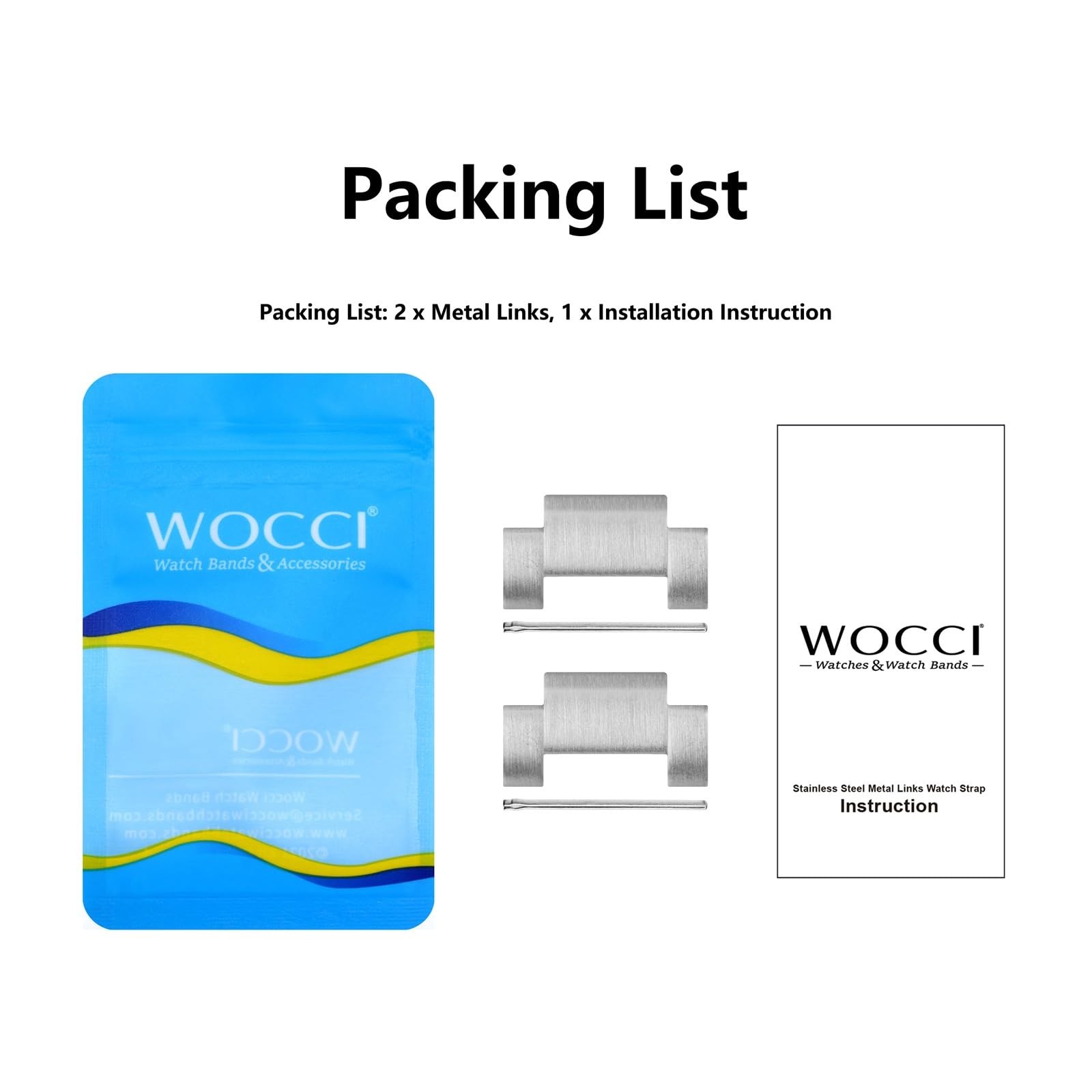 WOCCI 20mm Metal Links for Heavy-duty Watch Band, 316L 20mm, Silver