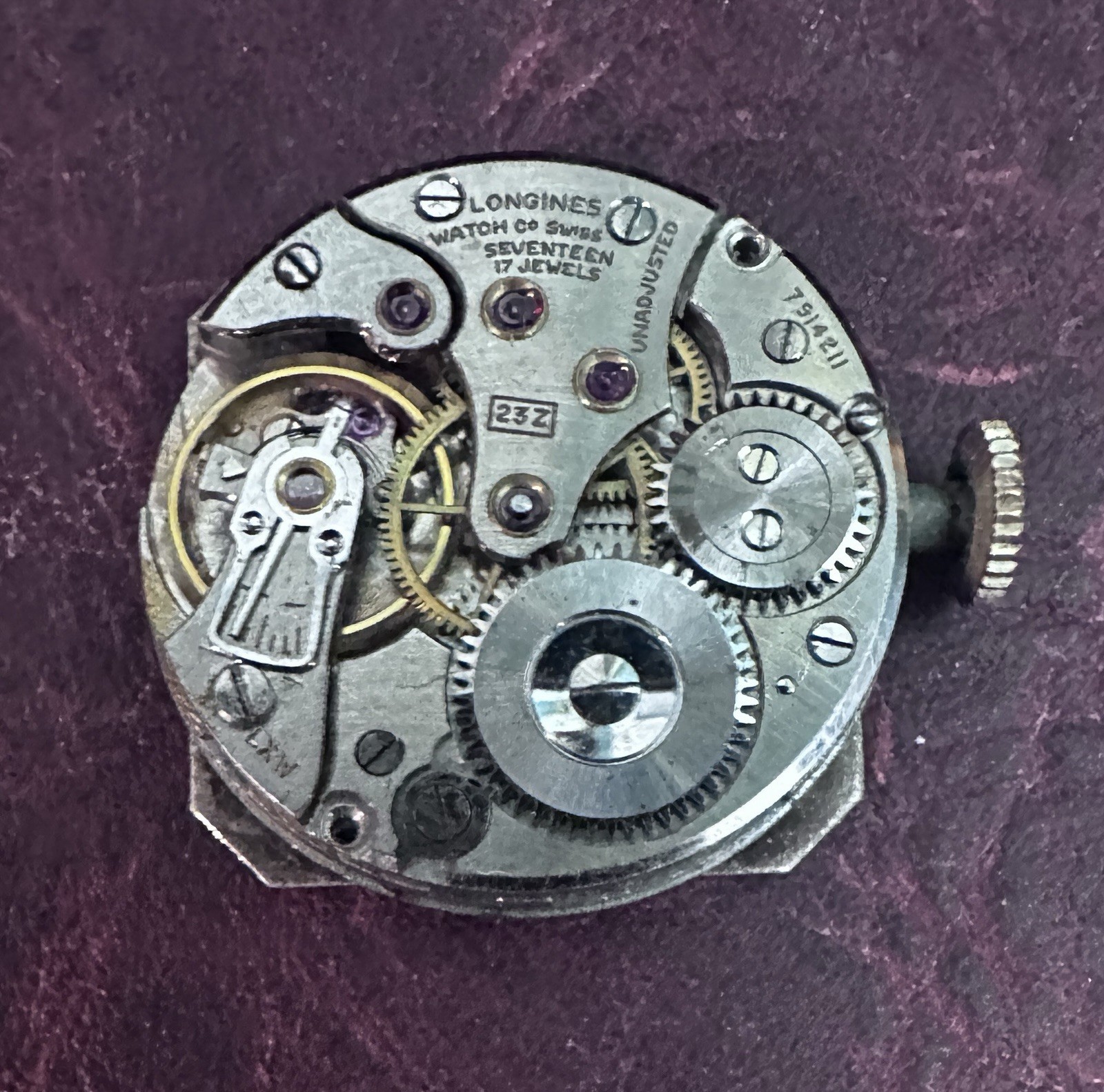 Vintage Longines, 17J, Cal 23Z Swiss Watch Movement, Dial, Hands, & Crown