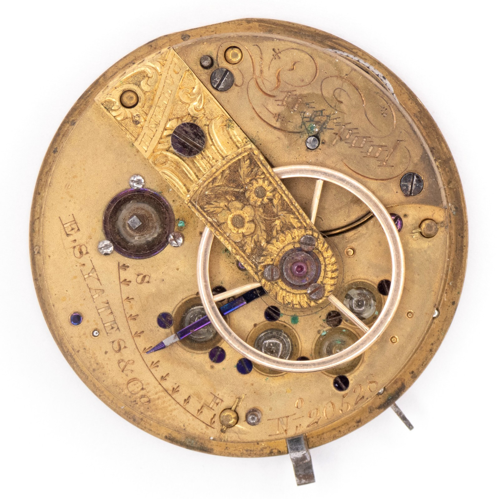 Partial E.S. Yates 43.2 x 10.4 mm Fusee Key Wind Antique Pocket Watch Movement
