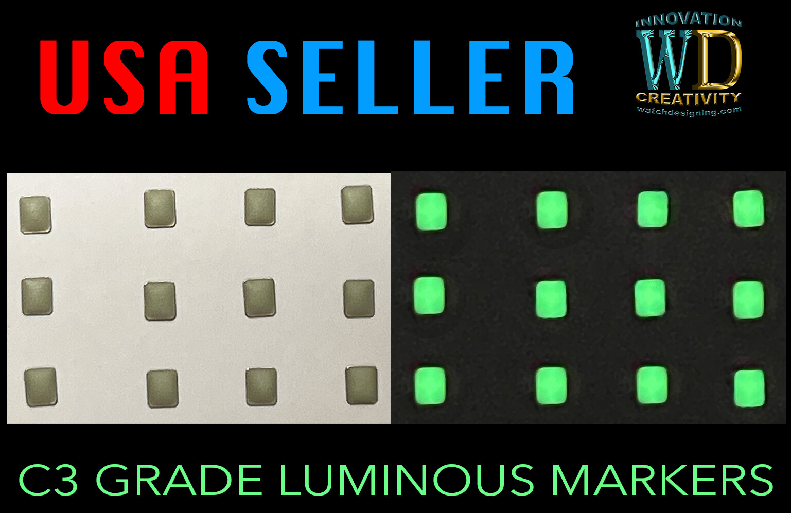 Watch Dial Hour Rectangle Markers 12 Blue Green LUMINOUS Numerals dots indices