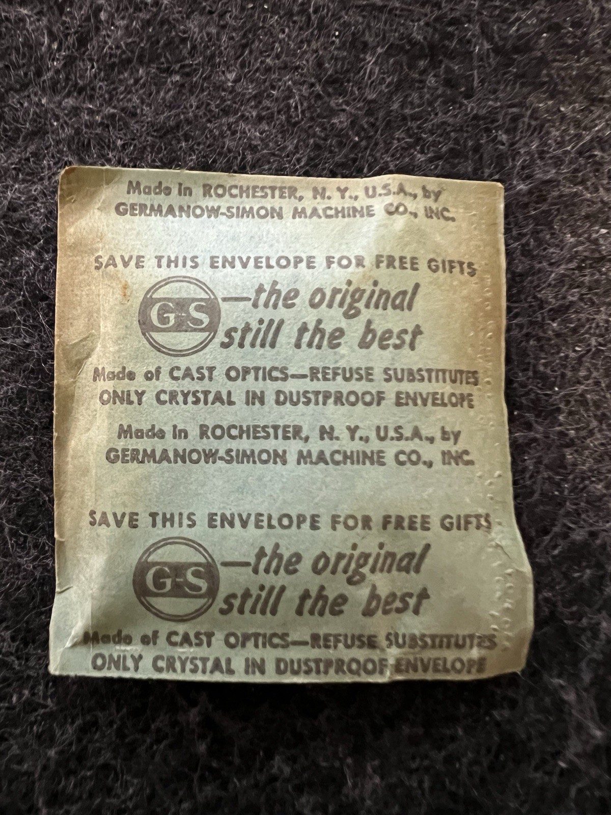 Vintage G-S Watch Crystal CQ382 Gruen 415/838 Sealed w/ Original Envelope