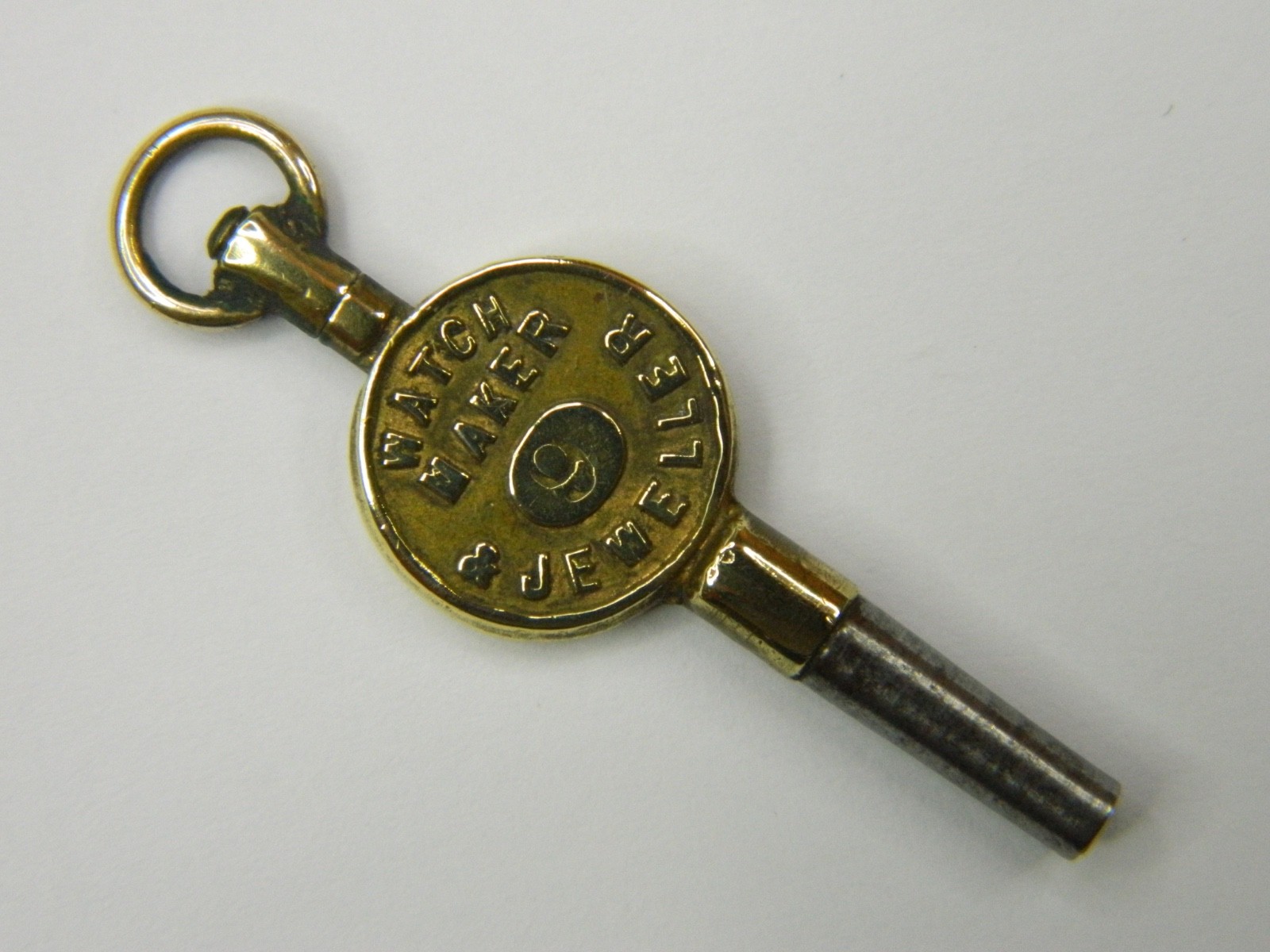 FINE ANTIQUE 1880 VICTORIAN ENGLISH ADVERTISING #9 GILT STEEL POCKET WATCH KEY