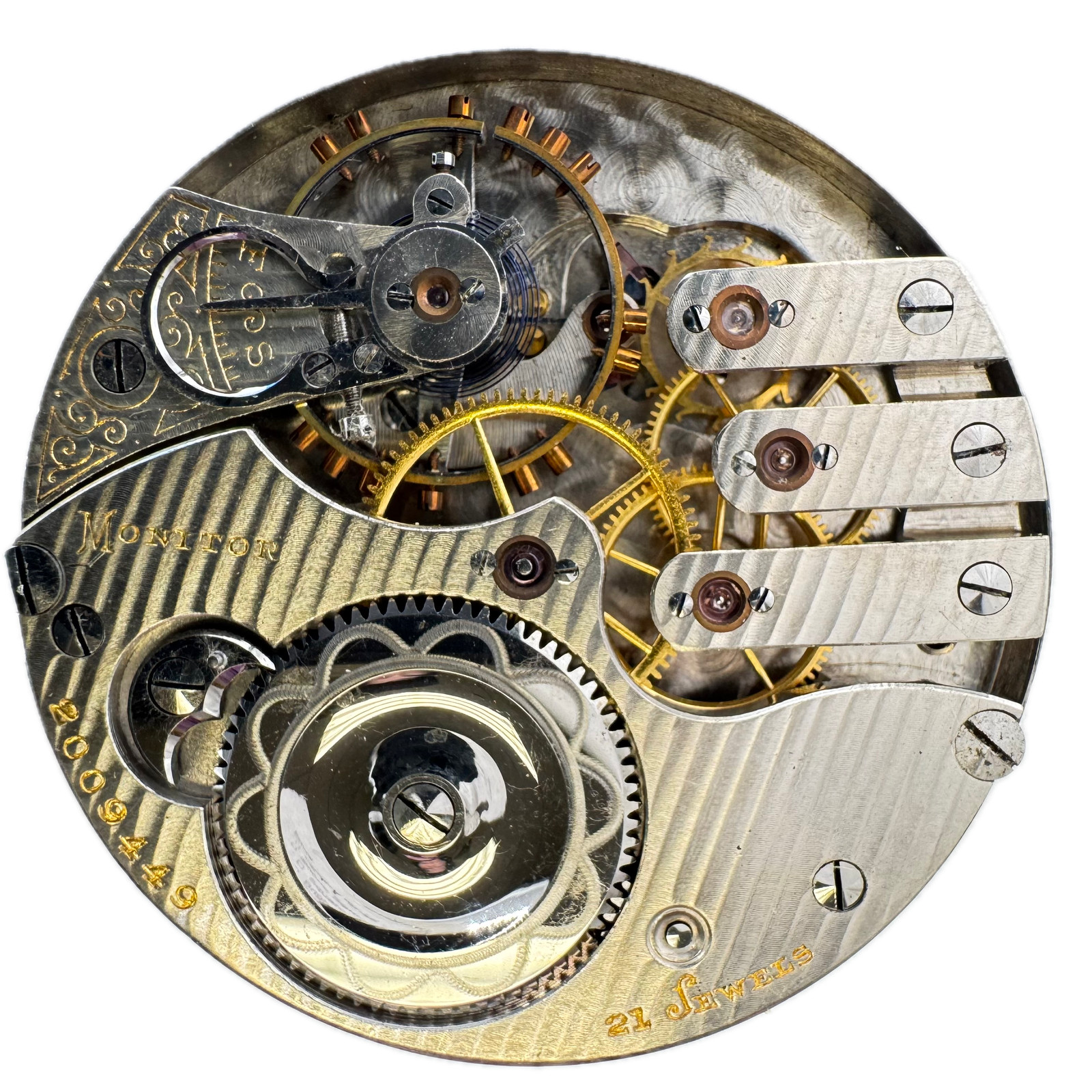 Antique 16s 1907 Illinois 21j Monitor Pocket Watch Movement 184 3 Finger Bridge