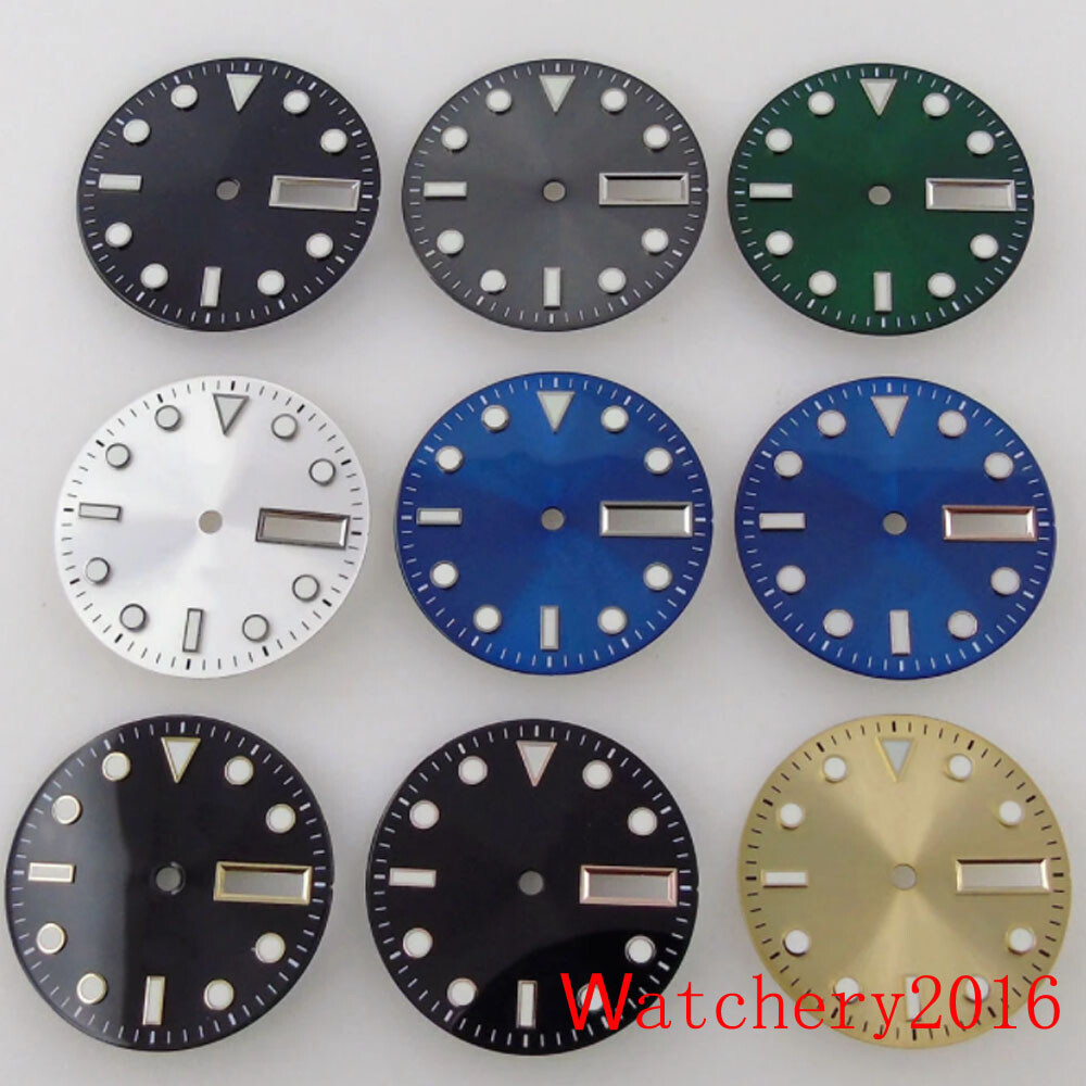 BLIGER 29mm Sunburst Watch Dial Green Luminous Double Date Window fit NH36 NH36A