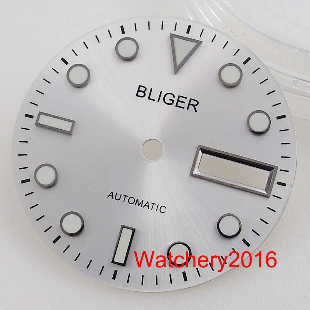 BLIGER 29mm Sunburst Watch Dial Green Luminous Double Date Window fit NH36 NH36A