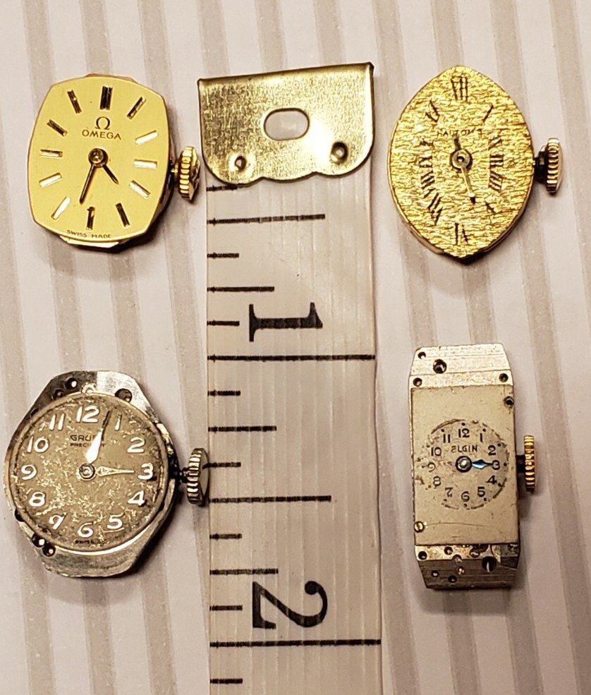 LOT OF 4 VINTAGE WIND-UP WATCHES FOR PARTS OMEGS, ELGIN, GRUEN, HALTOM’S, Belvil