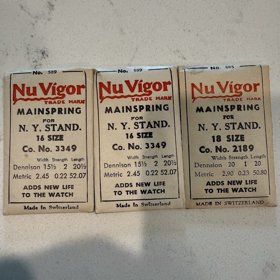 N.Y. Stand Mainspring MPN No. 589/585 Co. No. 3349 2189 NOS