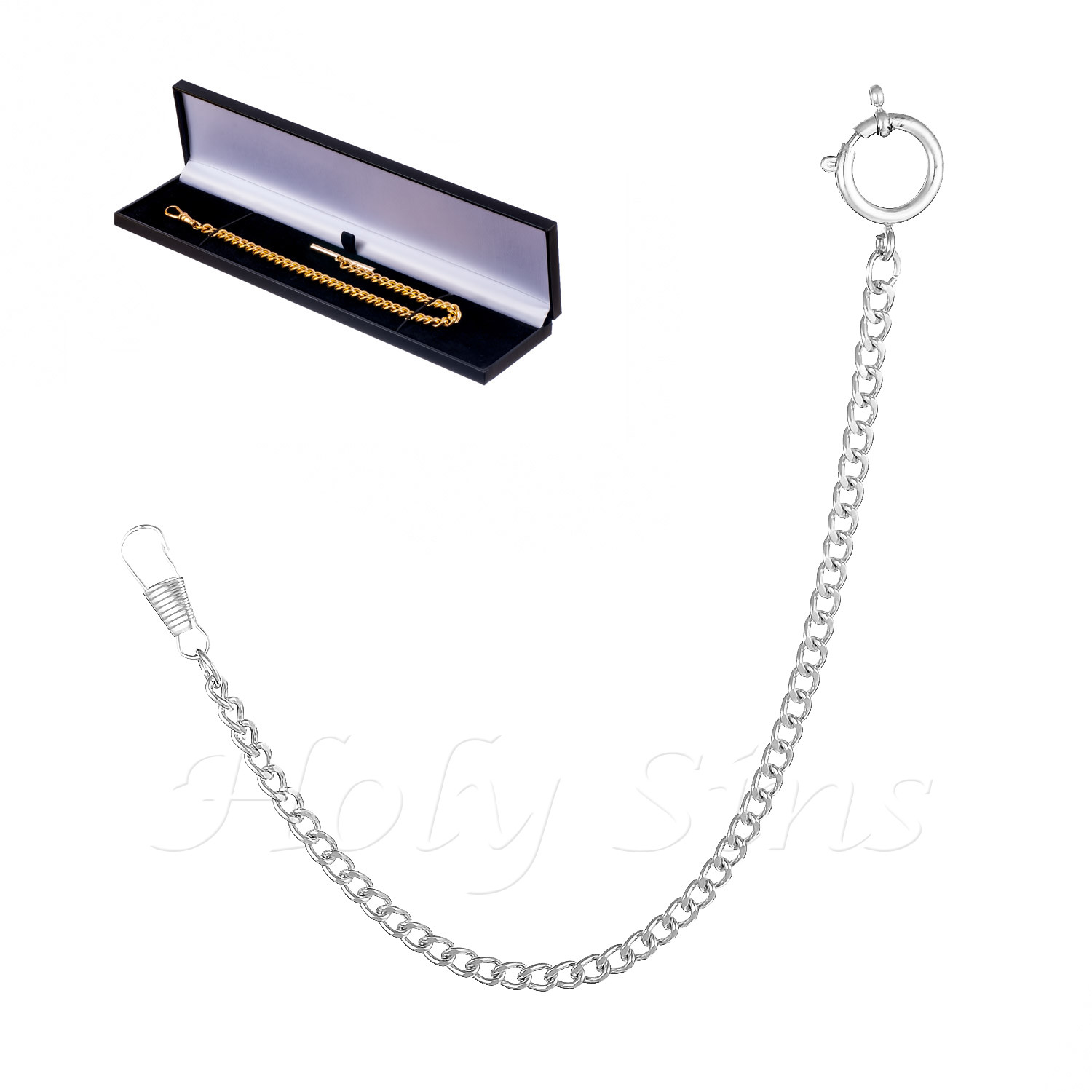 Brand New Silver Colour Albert Pocket Watch Chain With Spring Ring