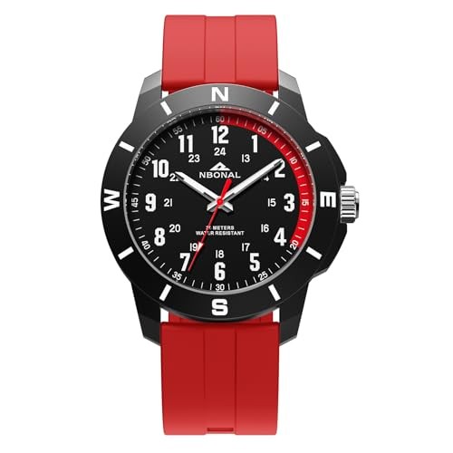 Sport Field Watch for Men Black Tactical Watch 30-50M 44.0mm Red band