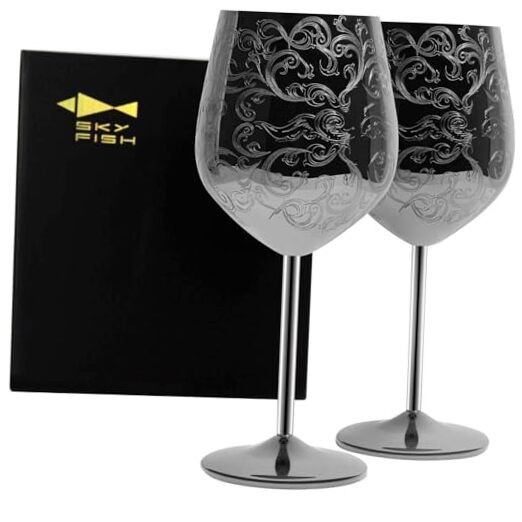 Stainless Steel Wine Glasses With Black Plated,etched with intricate and