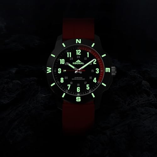 Sport Field Watch for Men Black Tactical Watch 30-50M 44.0mm Red band
