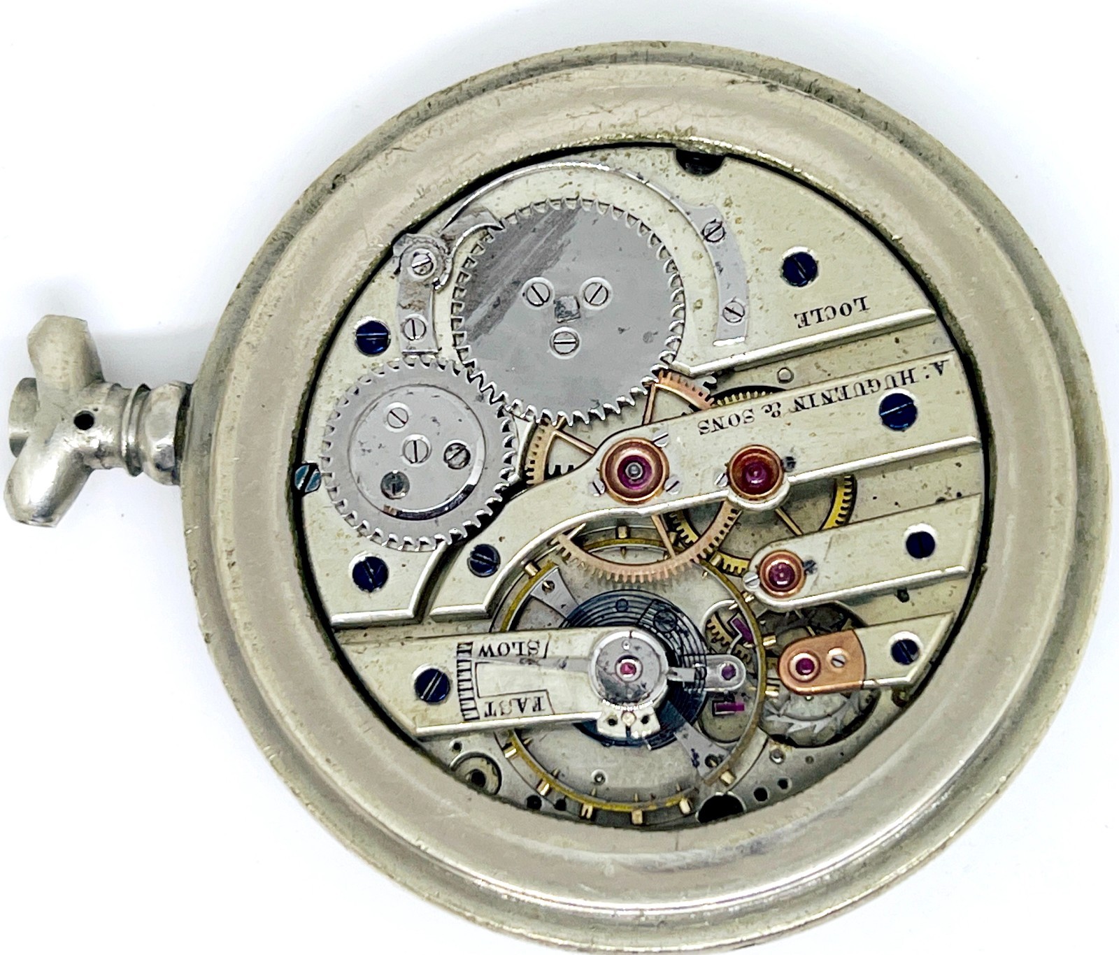 A.HUGUENIN TRIPLE DATE COMPLICATED POCKET WATCH MOVEMENT Parts/Repair Lot 2567