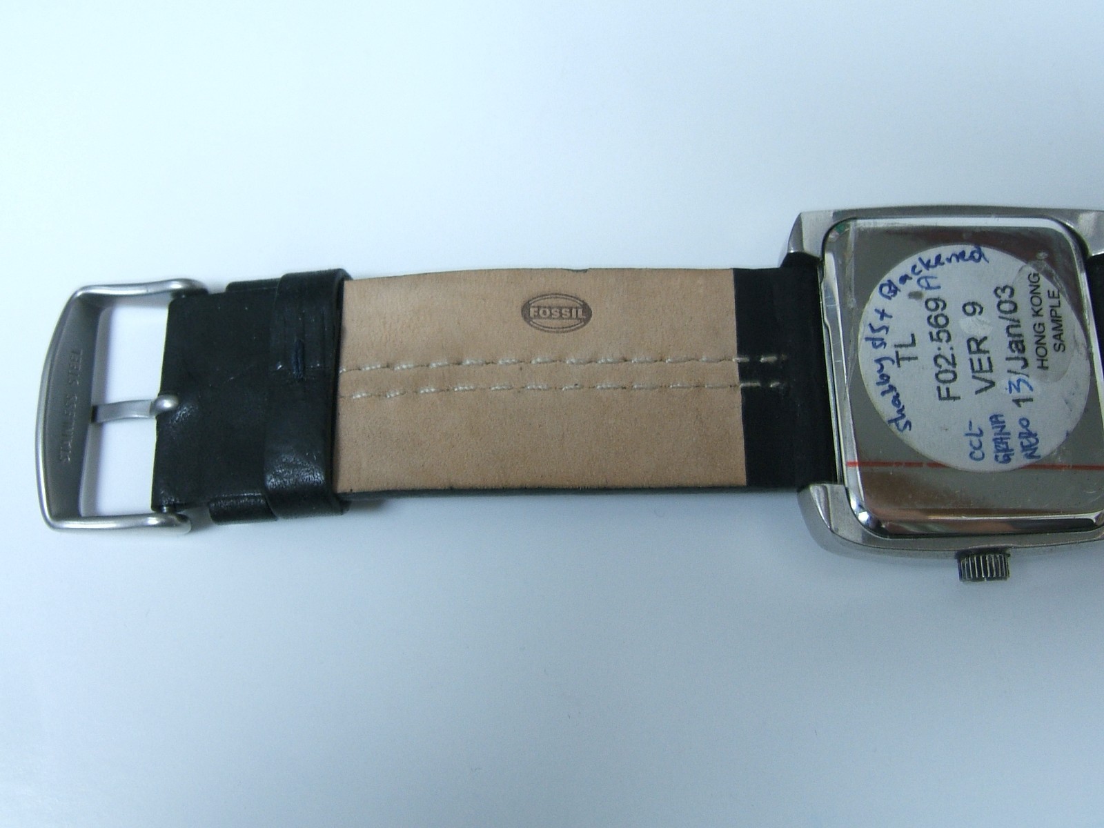 FOSSIL SILVER BLACK DIAL WATCH BLACK LEATHER BAND PHOTO SAMPLE PARTS/REPAIR ONLY