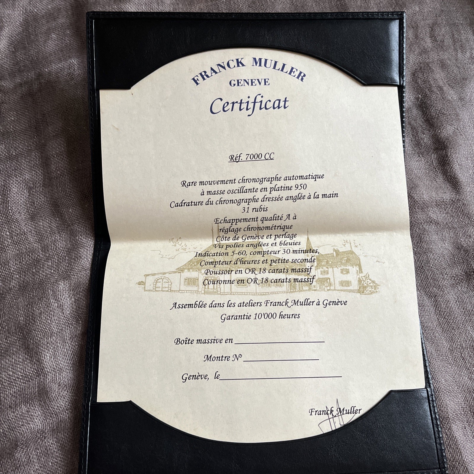 FRANCK MULLER CERTIFICATE, COMES WITH DOCUMENT HOLDER GENUINE REF. 7000CC